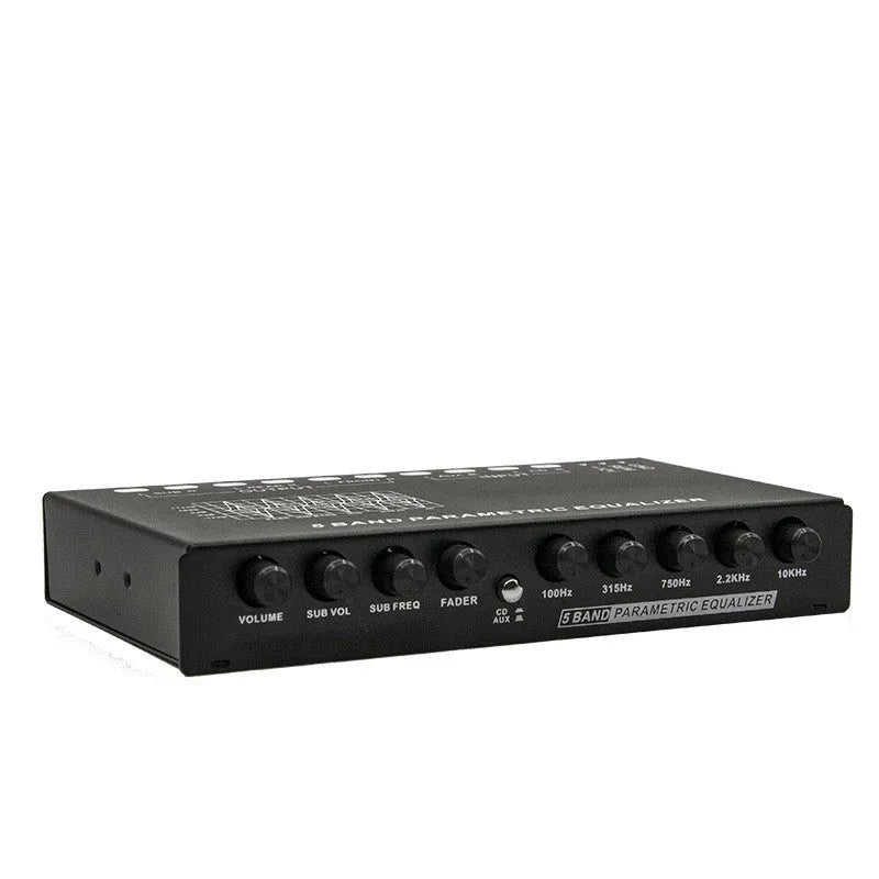Black car audio EQ equaliser and frequency division amplifier with control panel and connection ports
