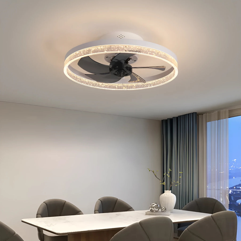 Nordic style remote control ceiling fan lamp with LED lights in a coffee gold finish.