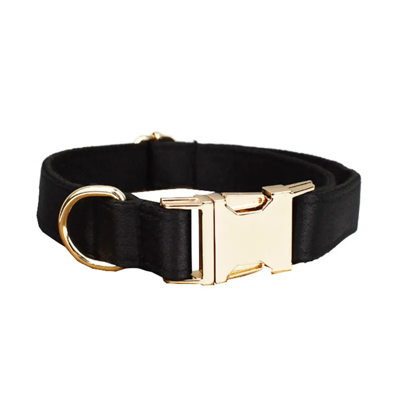 Cloth dog collar, leash, bow, and vest set shown on a model, available in S M L XL sizes.
