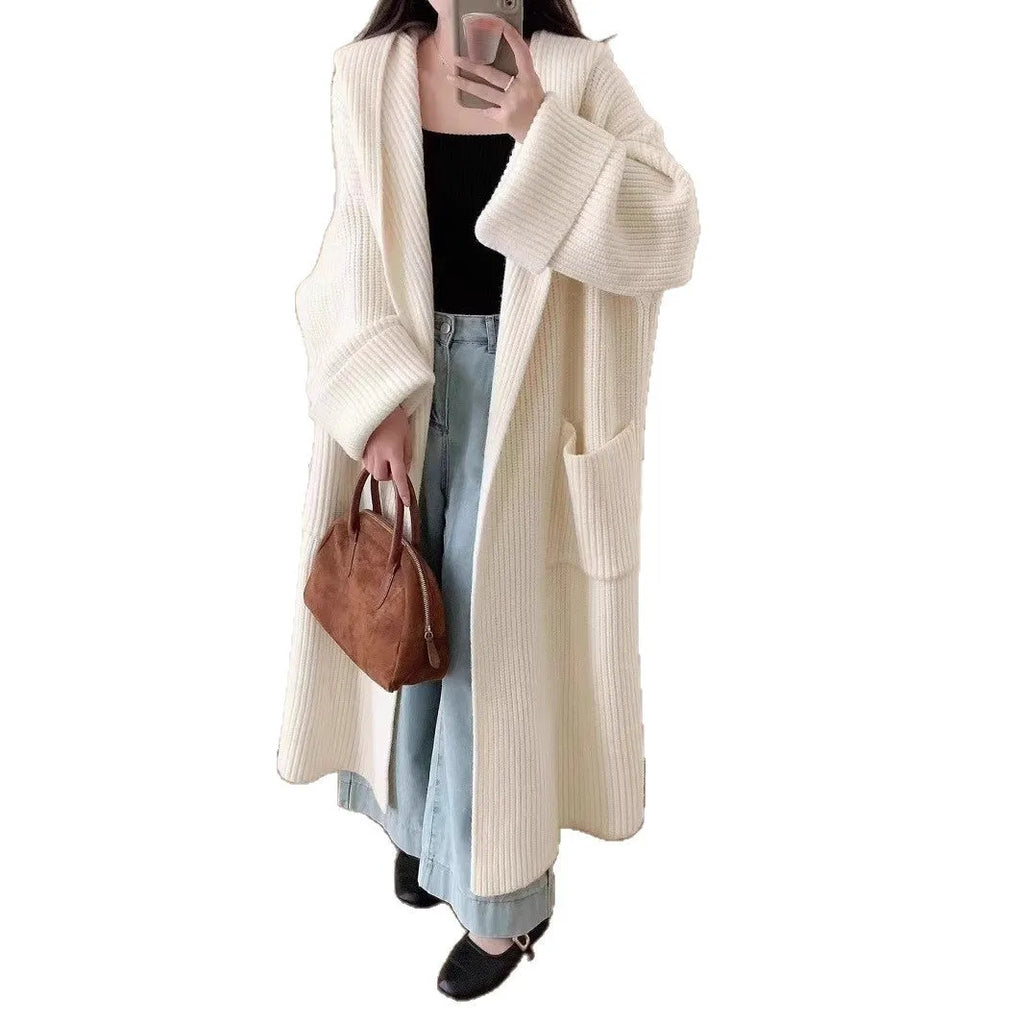 Women's loose hooded cardigan coat with raglan sleeves in acrylic fabric