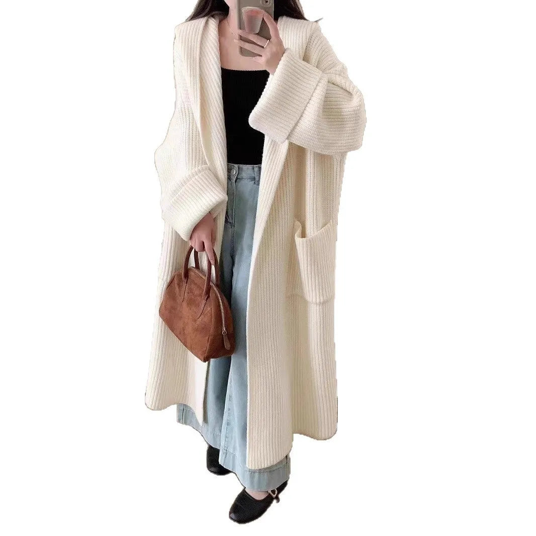 Women's loose hooded cardigan coat with raglan sleeves in acrylic fabric