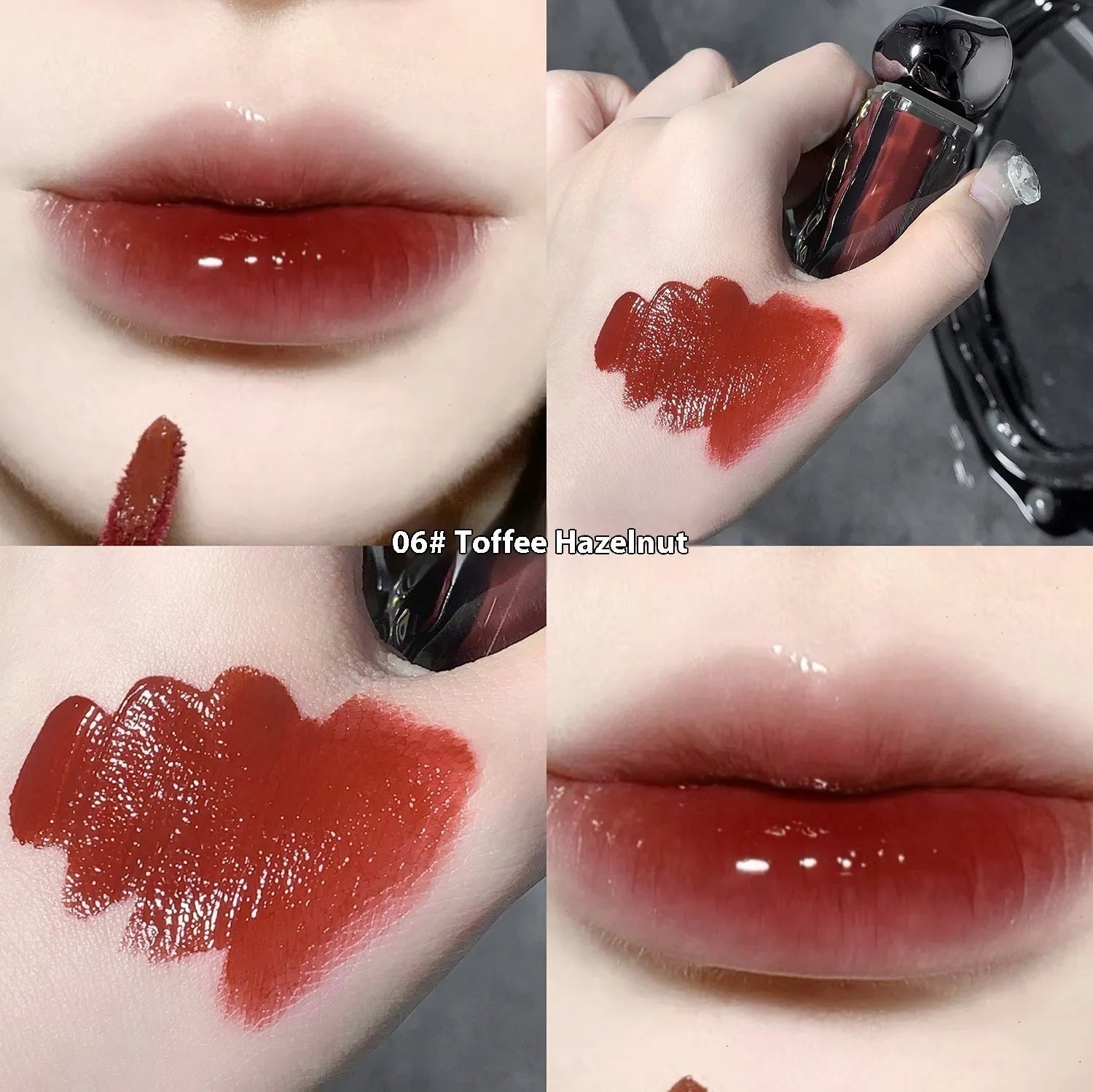 Glacier Lava Lip Lacquer in water-light mirror finish showing seven numbered colour options