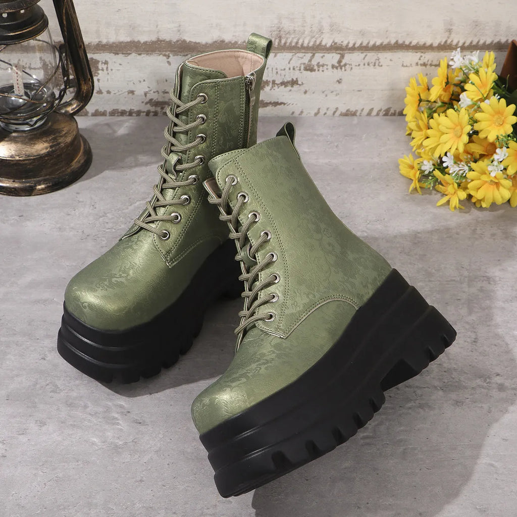 Women's retro platform boots with patchwork design, chunky mid heel, and side zipper in black, white, or green