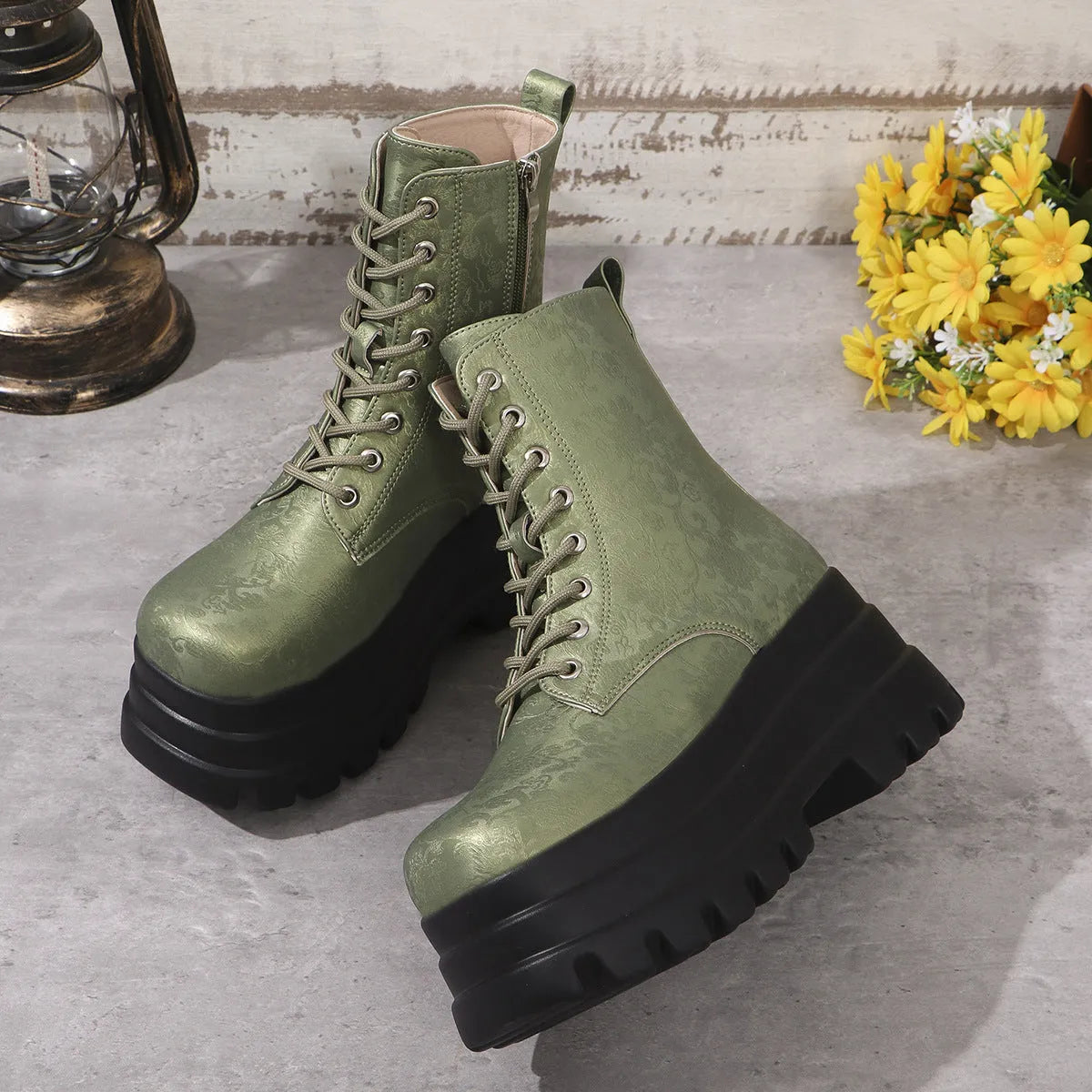 Women's retro platform boots with patchwork design, chunky mid heel, and side zipper in black, white, or green