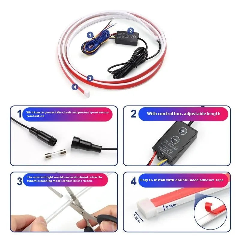 Modified car silicone LED dynamic scanning daytime light strip with control box, white yellow light