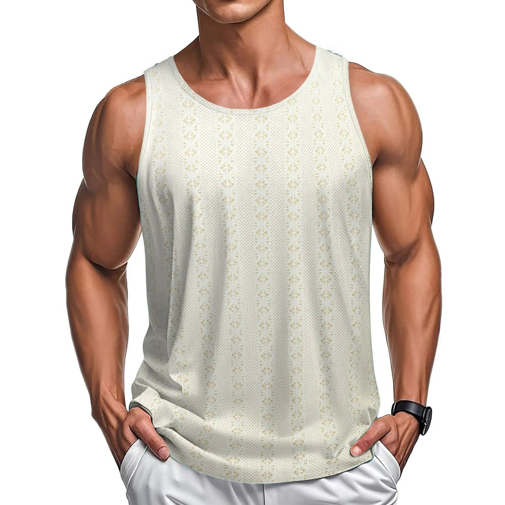 Round neck loose vest in solid colour polyester fibre, available in khaki, white, and black, sizes M to 3XL