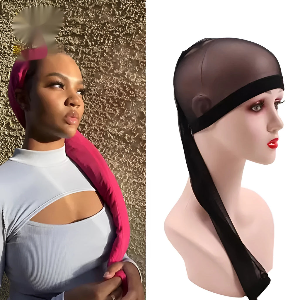 Spandex mesh wig cap in oversleeve design showing stretchable material in seven colour options