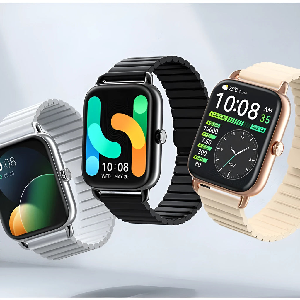 HAYLOU RS4 Plus black smartwatch with AMOLED screen showing fitness stats on a wrist.