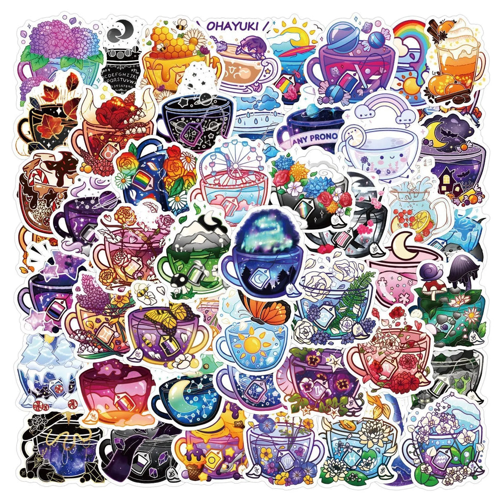 Waterproof colourful tea cup graffiti stickers set of 50 pieces for luggage and sports gear customisation