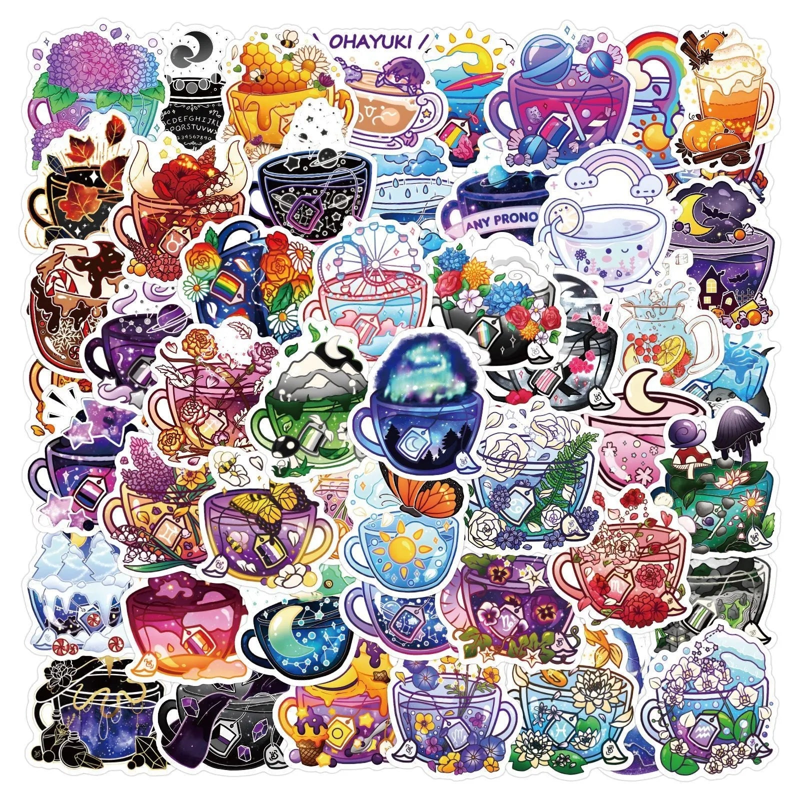 Waterproof colourful tea cup graffiti stickers set of 50 pieces for luggage and sports gear customisation