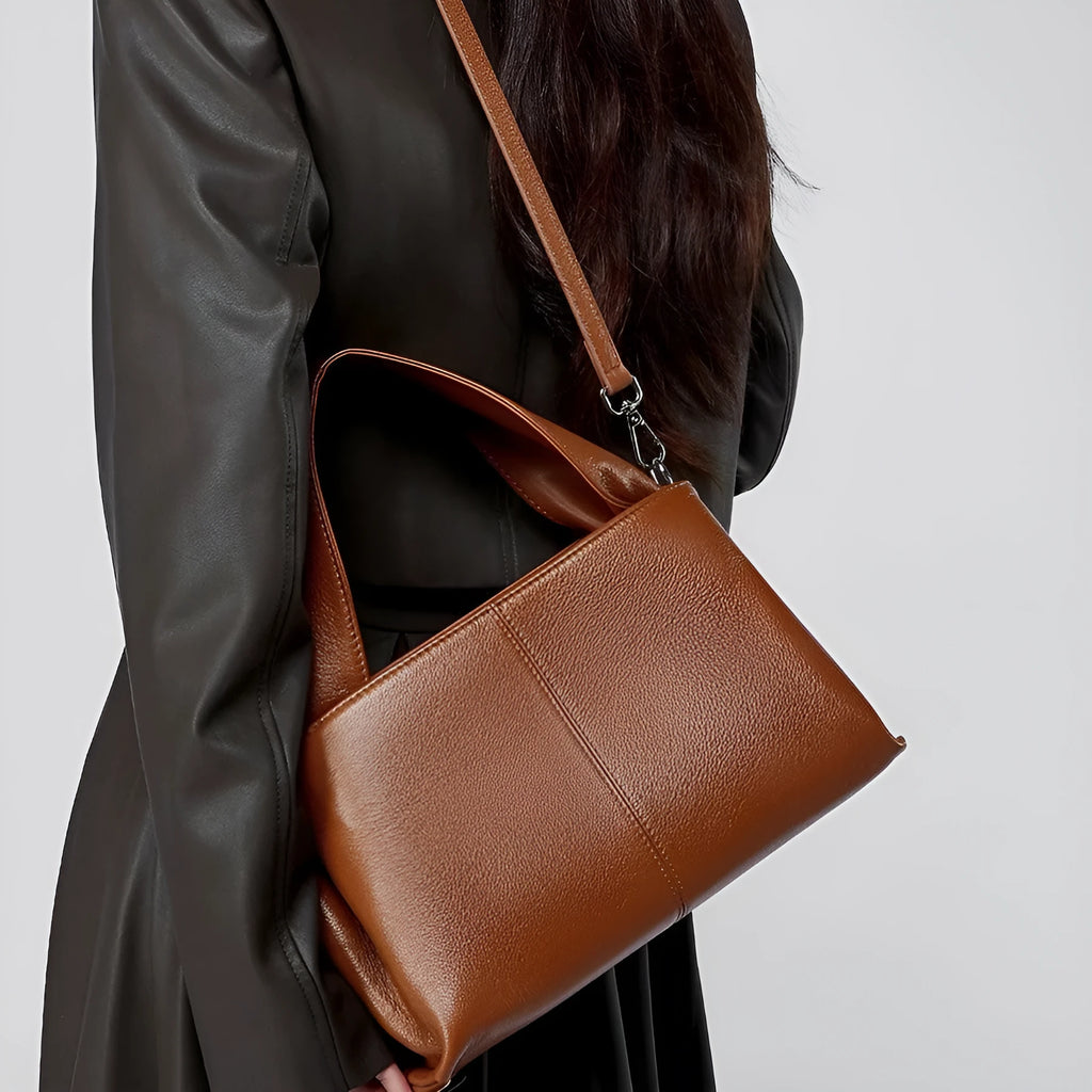 Women's genuine cowhide leather messenger bag with double shoulder straps in horizontal square shape