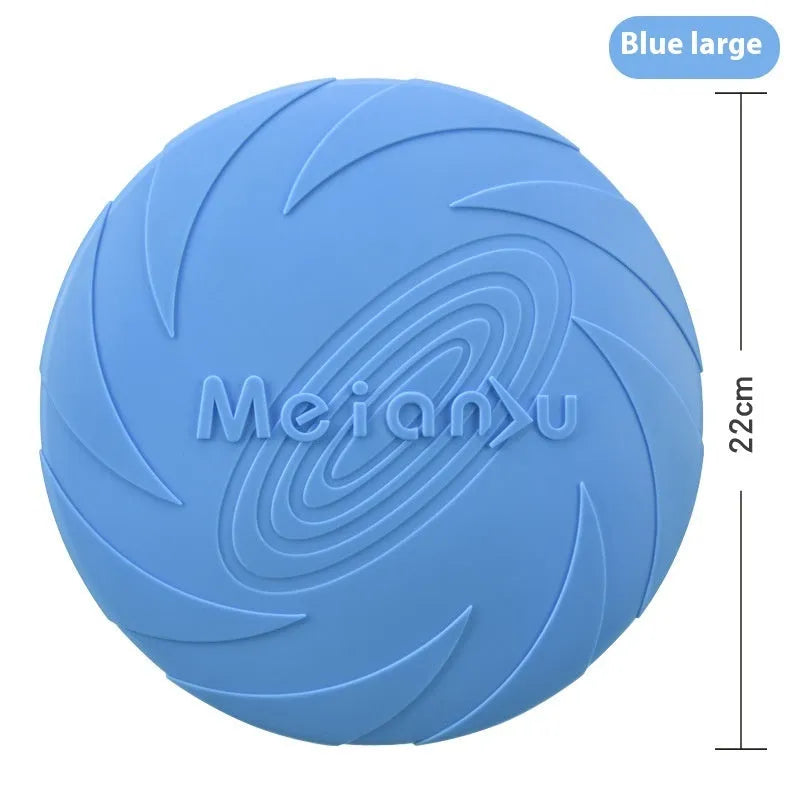 Soft rubber dog frisbee in red, blue and green colour options showing small, medium and large size variations