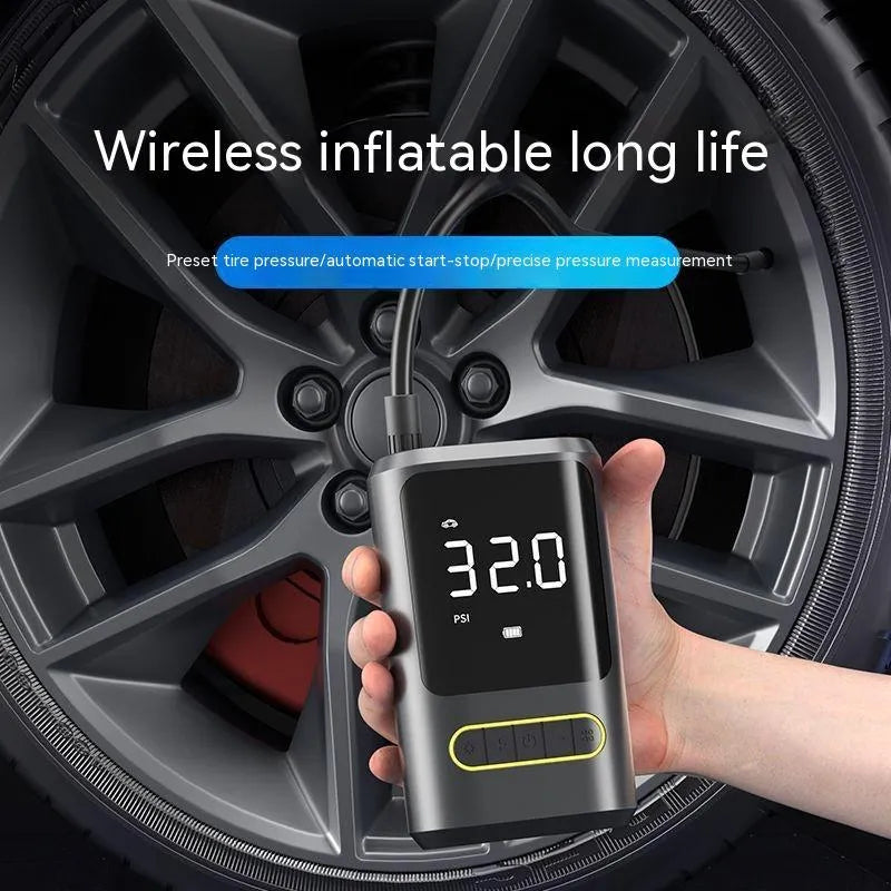 Handheld wireless digital air pump with LED display on black ABS body, showing pressure readout