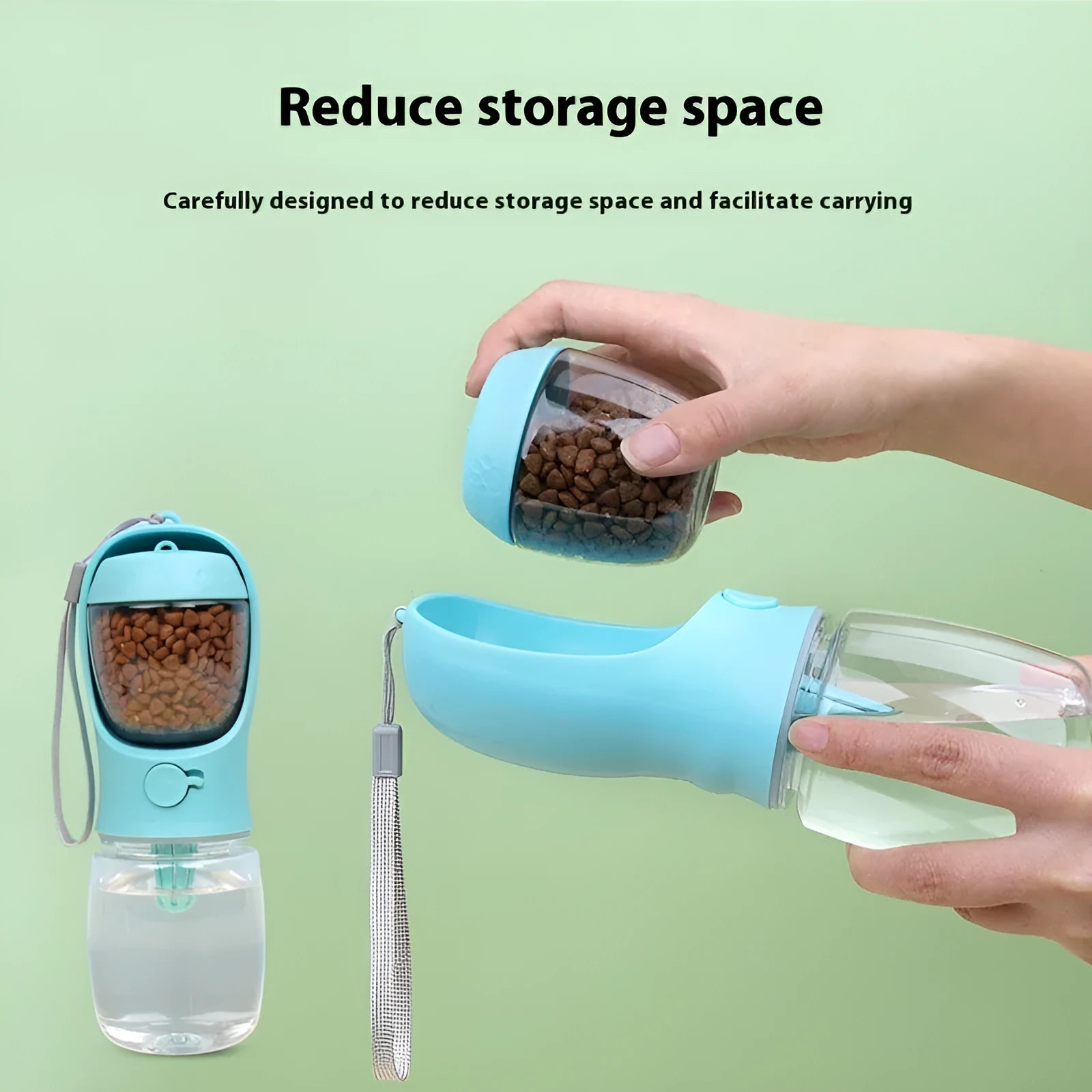 Portable blue dog water bottle with integrated drinking bowl showing split water grain design