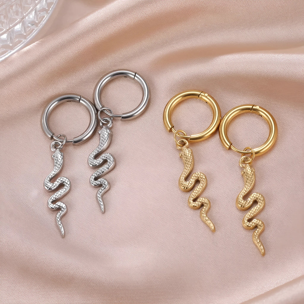 Gold plated snake-shaped vintage clip-on earrings with stainless steel construction