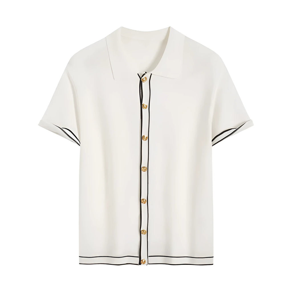 White women's cardigan with contrast lapels and short sleeves on hanger