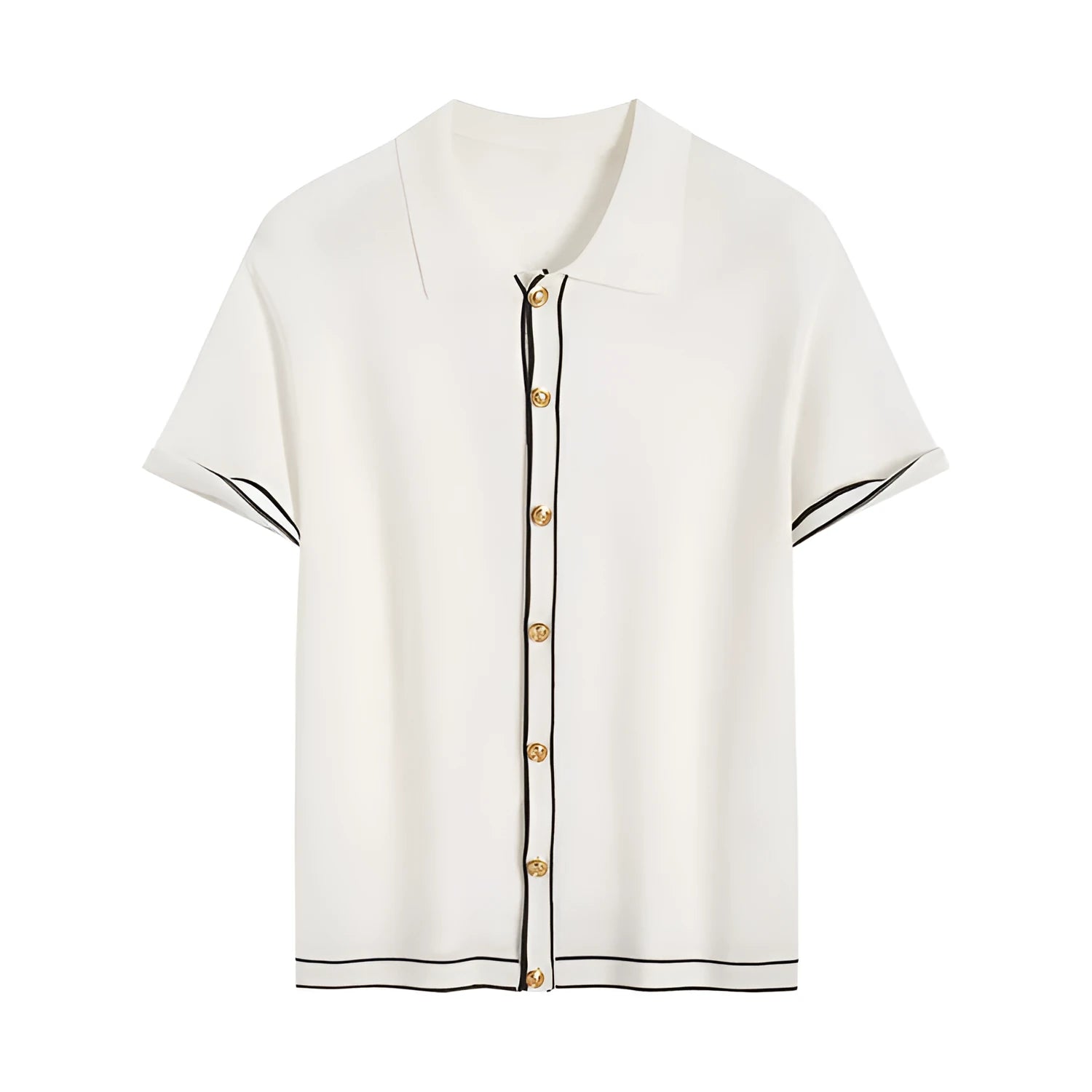 White women's cardigan with contrast lapels and short sleeves on hanger