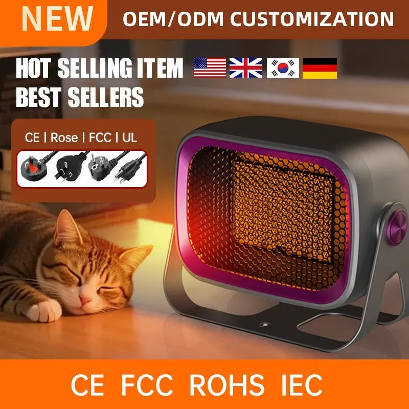 Compact white PTC ceramic desktop heater with oscillation function and push-button controls.