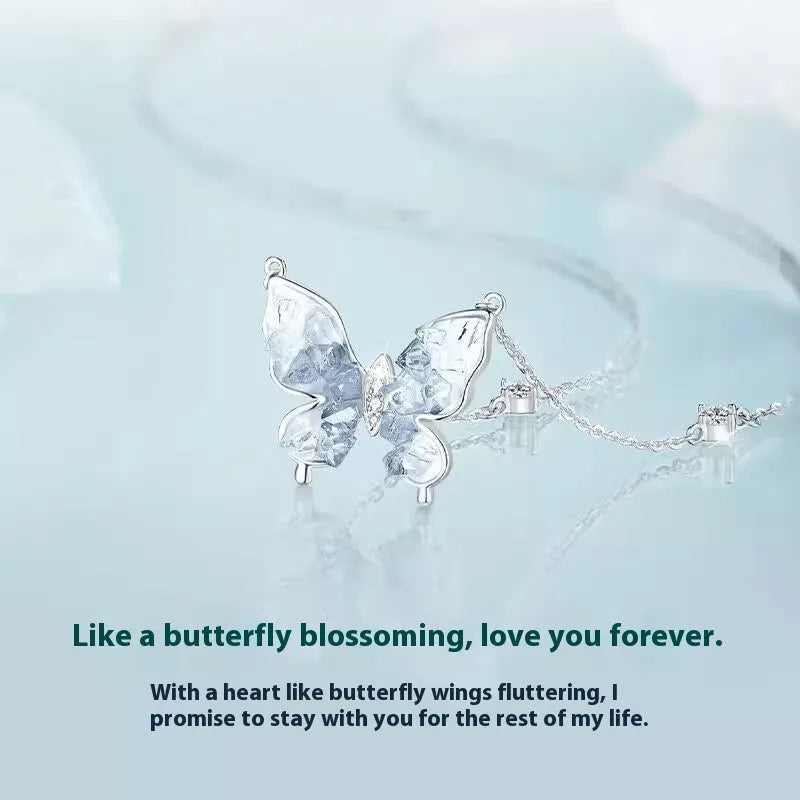 S925 silver butterfly necklace with electroplated ice rain pendant on adjustable O-ring chain