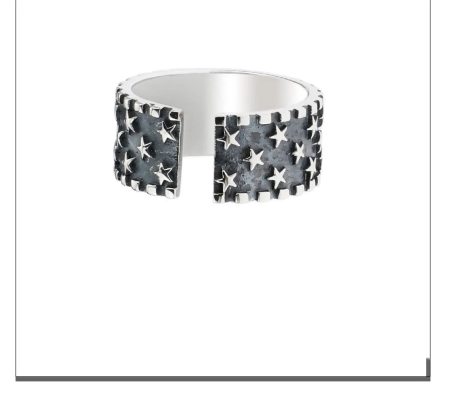 Adjustable sterling silver ring with geometric five-pointed star pattern on band