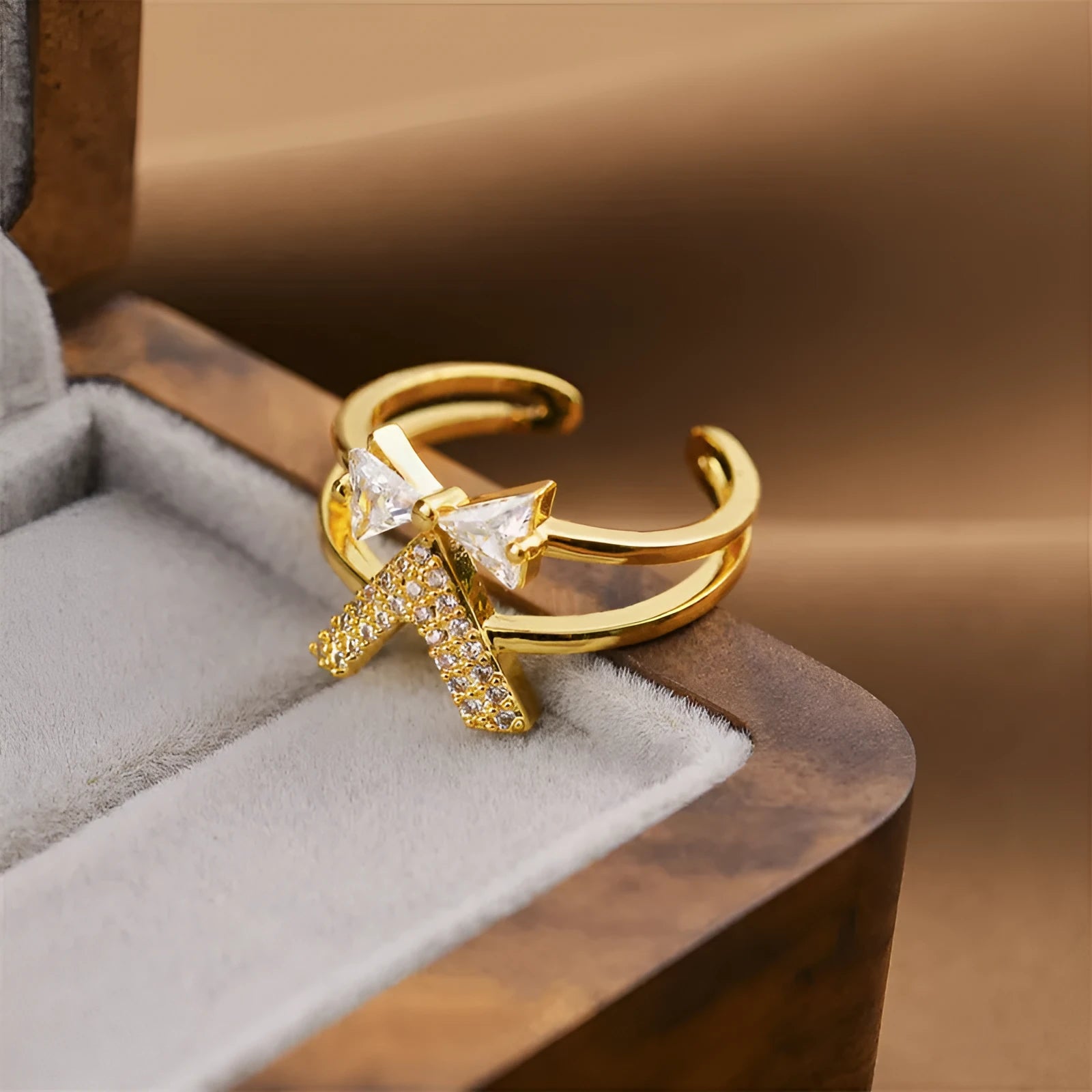 Geometric open women's ring in electroplated gold colour made from copper material