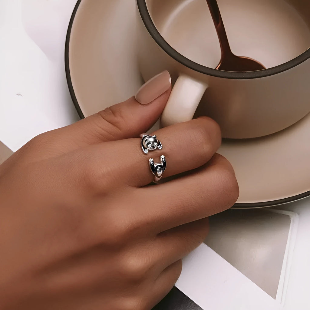 Sterling silver panda adjustable ring with white gold plating and open design