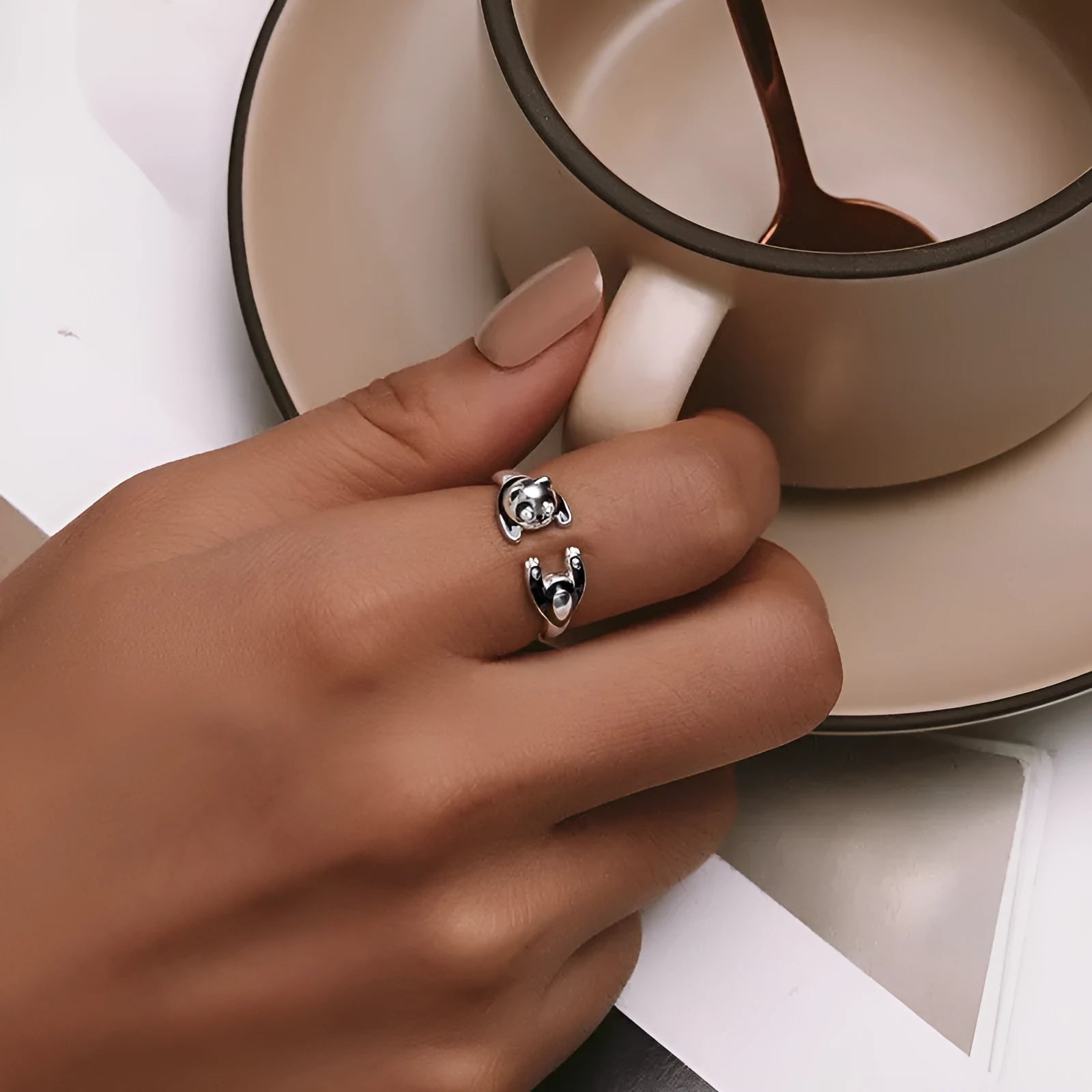 Sterling silver panda adjustable ring with white gold plating and open design