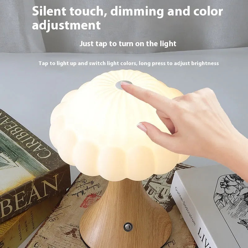 Mushroom-shaped USB rechargeable night lamp with touch control in wood grain finish