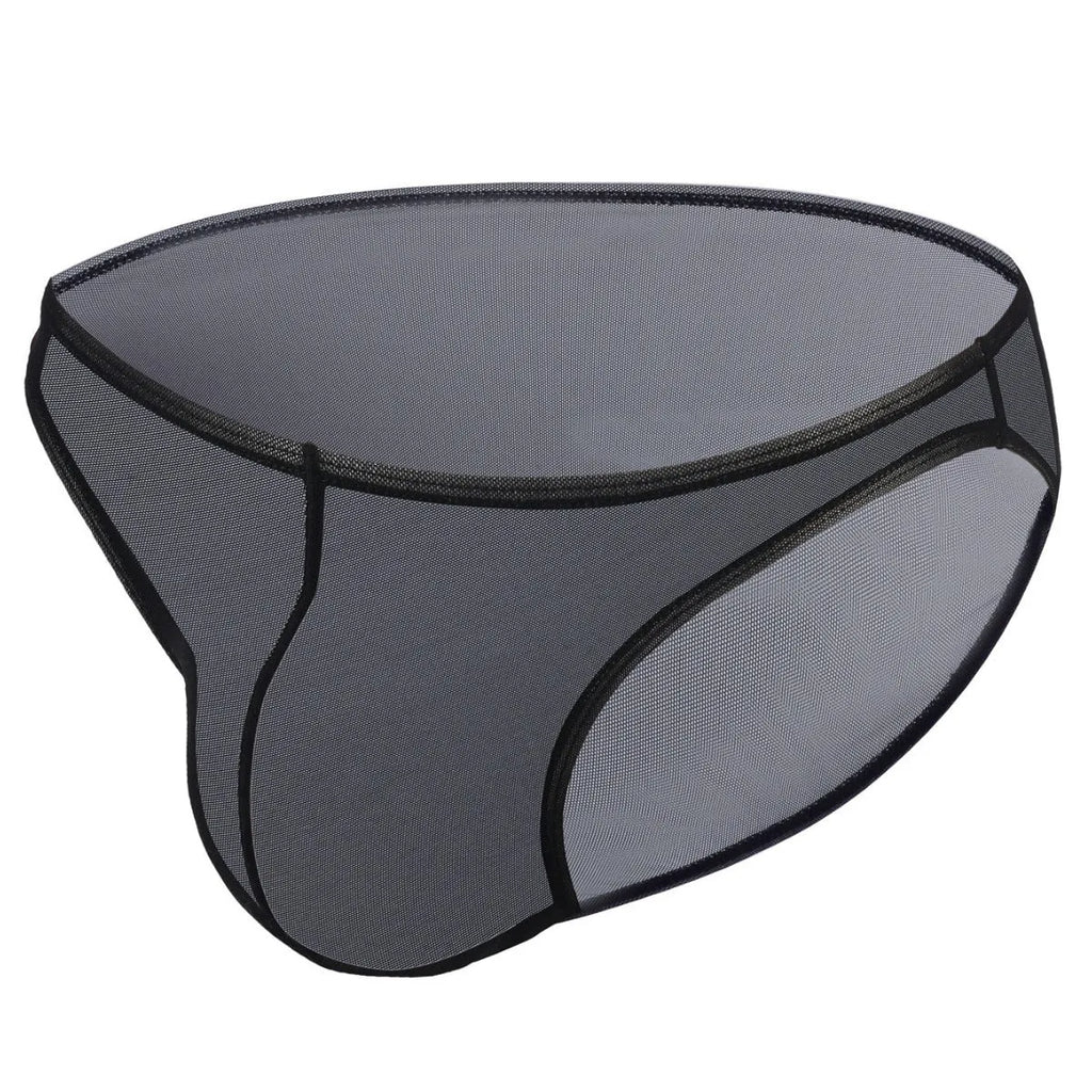 Men's black nylon triangle briefs laid flat, showing mid to low waist design and knitted fabric texture.