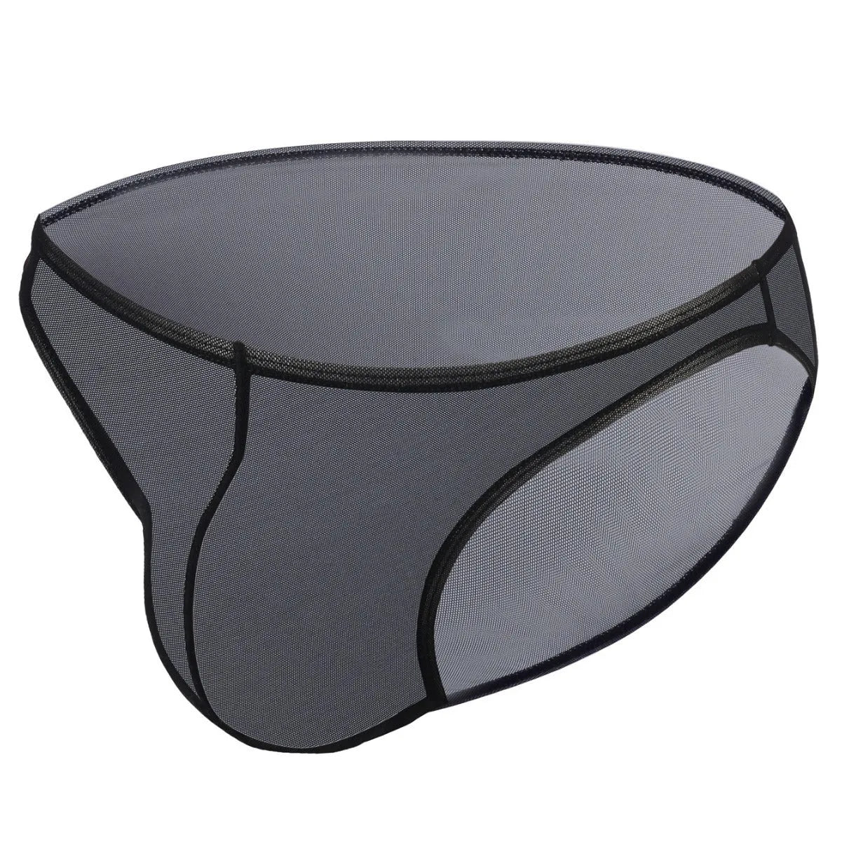 Men's black nylon triangle briefs laid flat, showing mid to low waist design and knitted fabric texture.