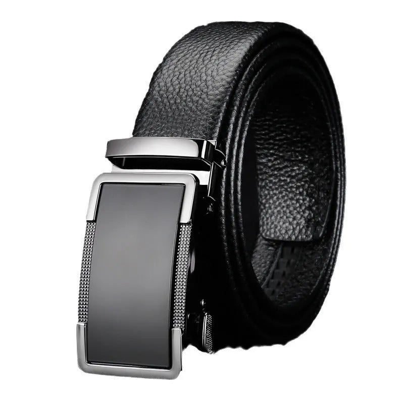 Men's automatic buckle leather belt in gun black, silver, or gold finish showing alloy buckle