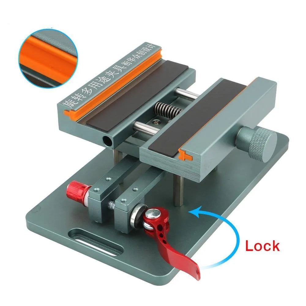 Adjustable mobile phone repair fixture with silicone grips and a demolition crowbar on a workbench.