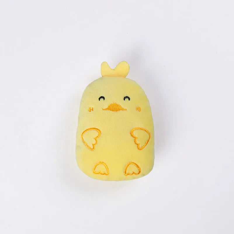 Small plush cat toy with catnip filling for chewing and teeth grinding, shown in assorted colours.