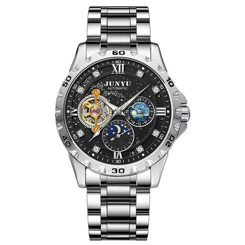 Men's waterproof automatic mechanical watch with luminous hands in silver case black face option