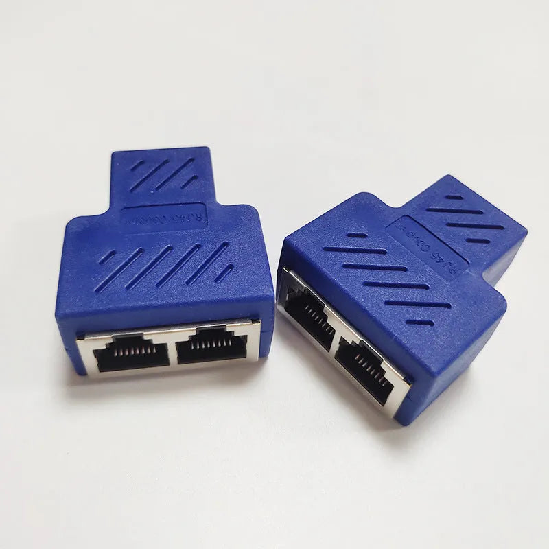 RJ45 network cable splitter adapter in five colour options showing one input and two output ports
