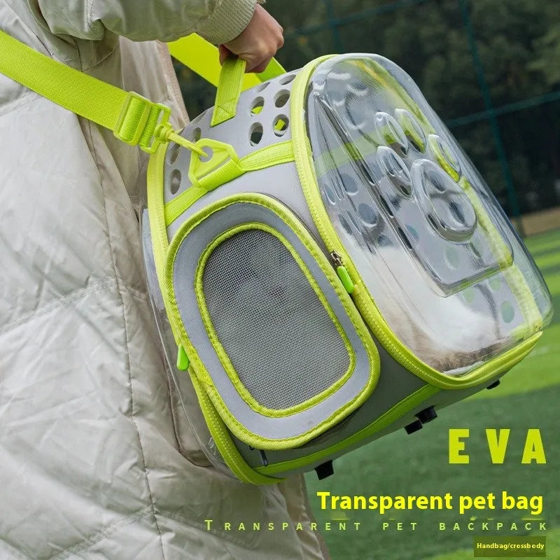Transparent hard-shell cat backpack carrier in space capsule design with foldable feature