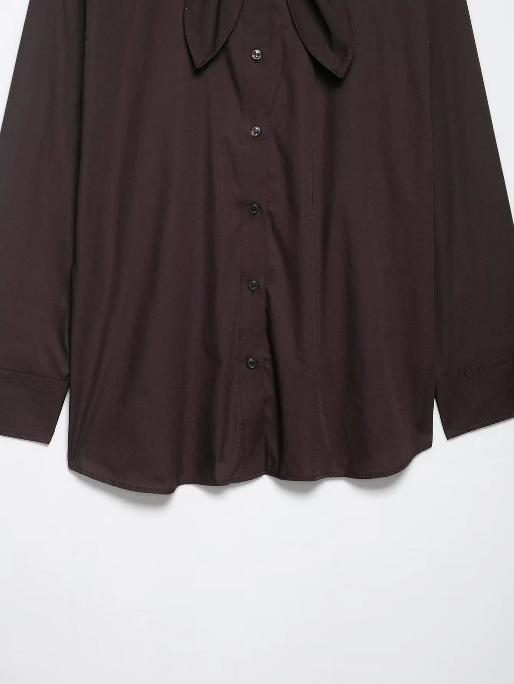 Brown women's poplin shirt with bow tie detail and long sleeves