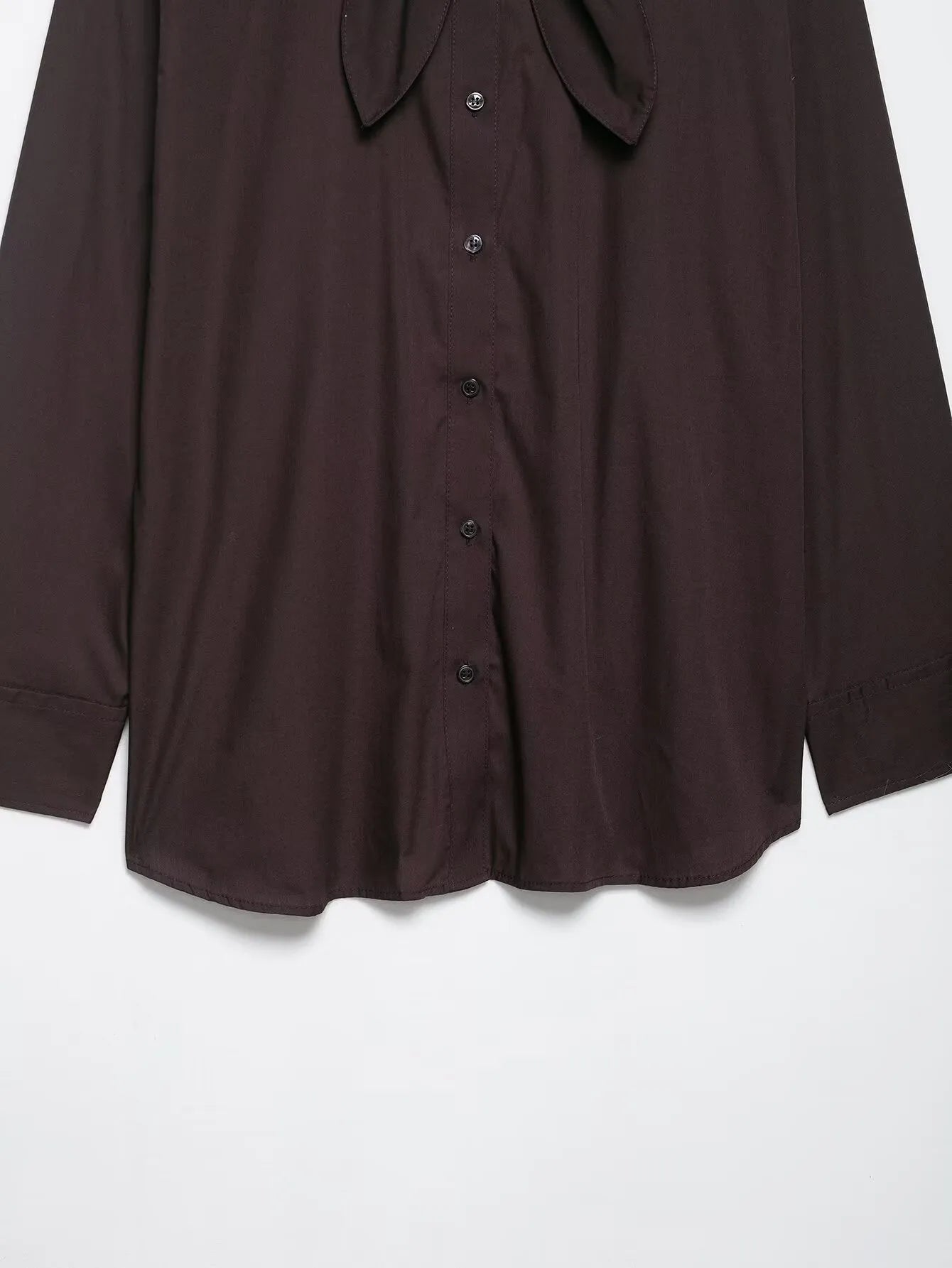Brown women's poplin shirt with bow tie detail and long sleeves