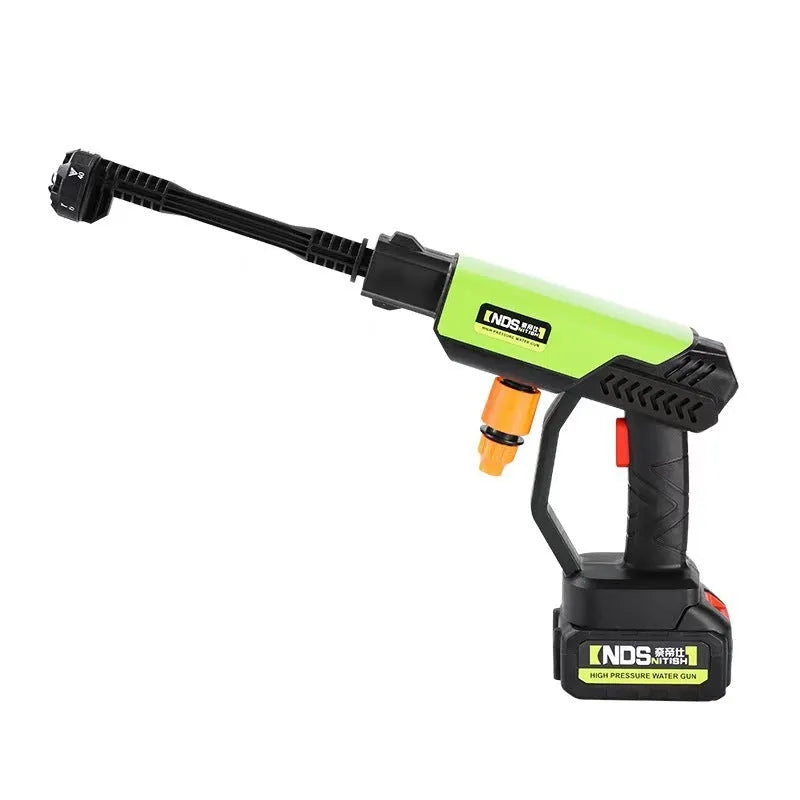 Wireless high pressure water gun in green with six nozzle attachments and accessories for household cleaning