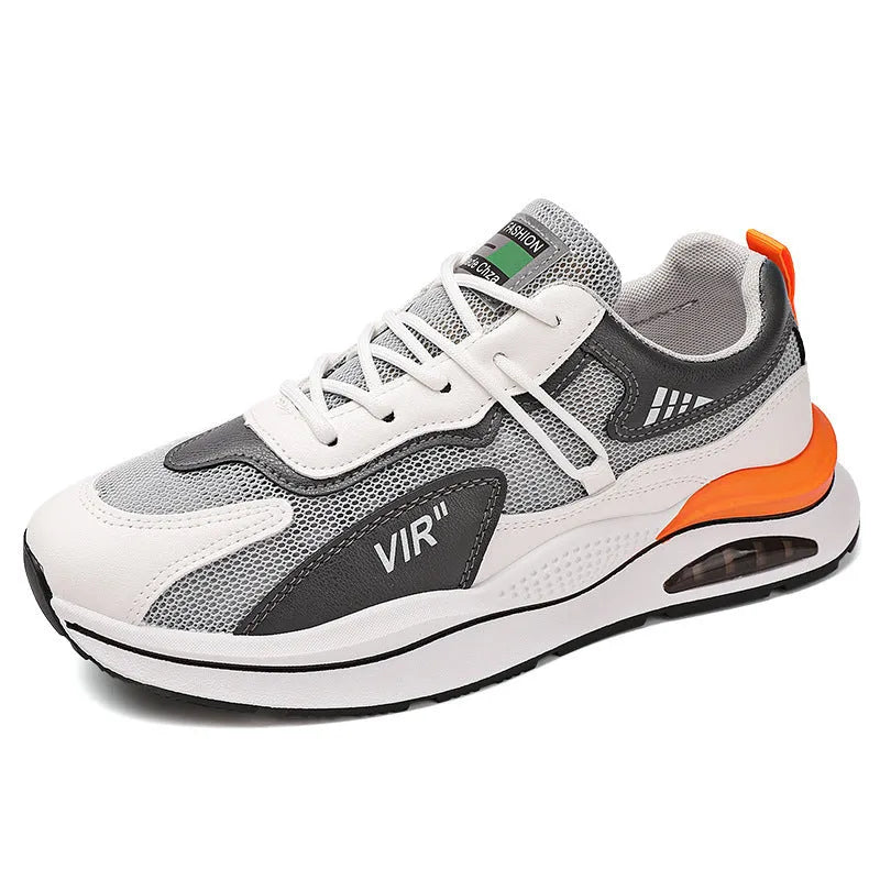 Men's grey and black mesh running shoes with a round toe and lightweight EVA sole on a white background.