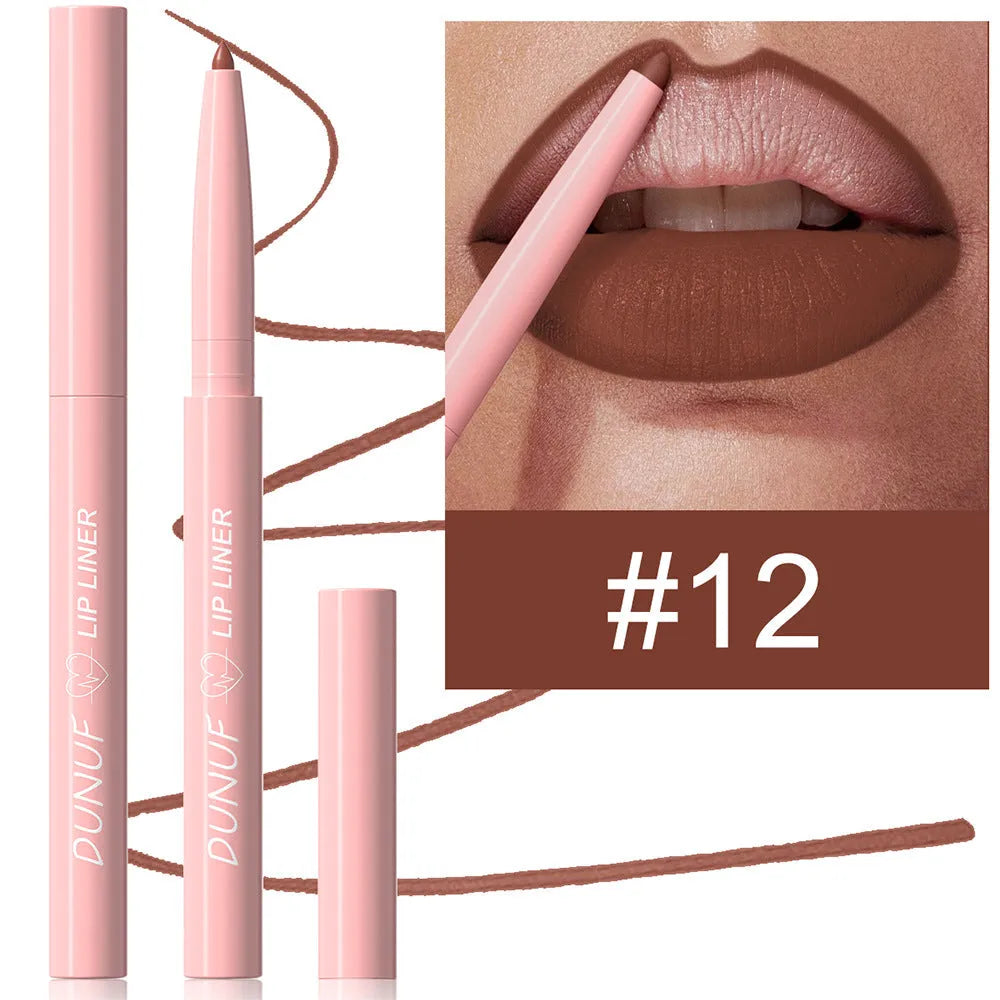 A single velvet matte lip liner pencil with 12 colour shade options shown, for precise lip definition.