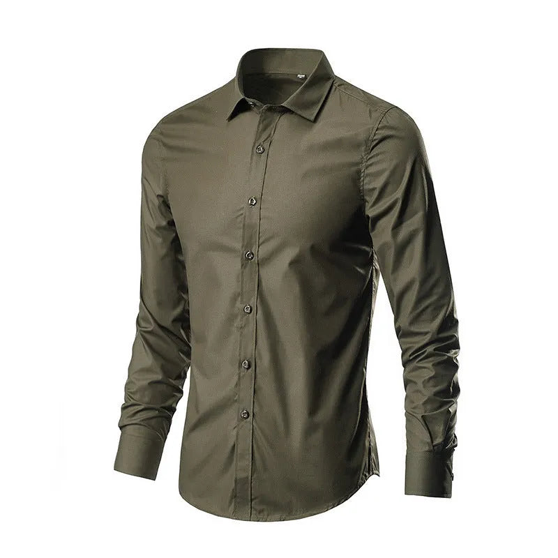 Loose fit long sleeve linen shirt shown in multiple colour options.