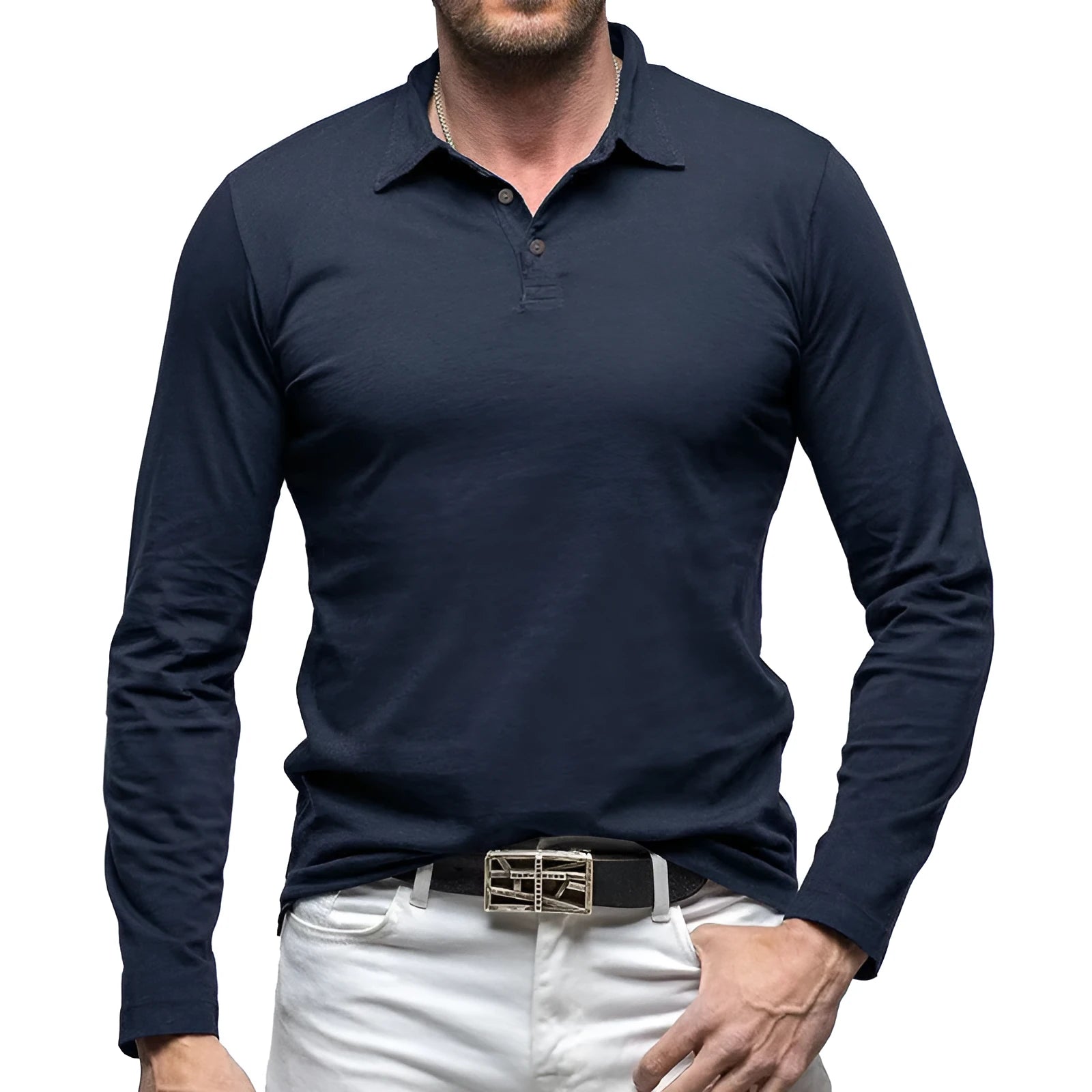Men's polo collar long sleeve T-shirt in American retro style cotton fabric