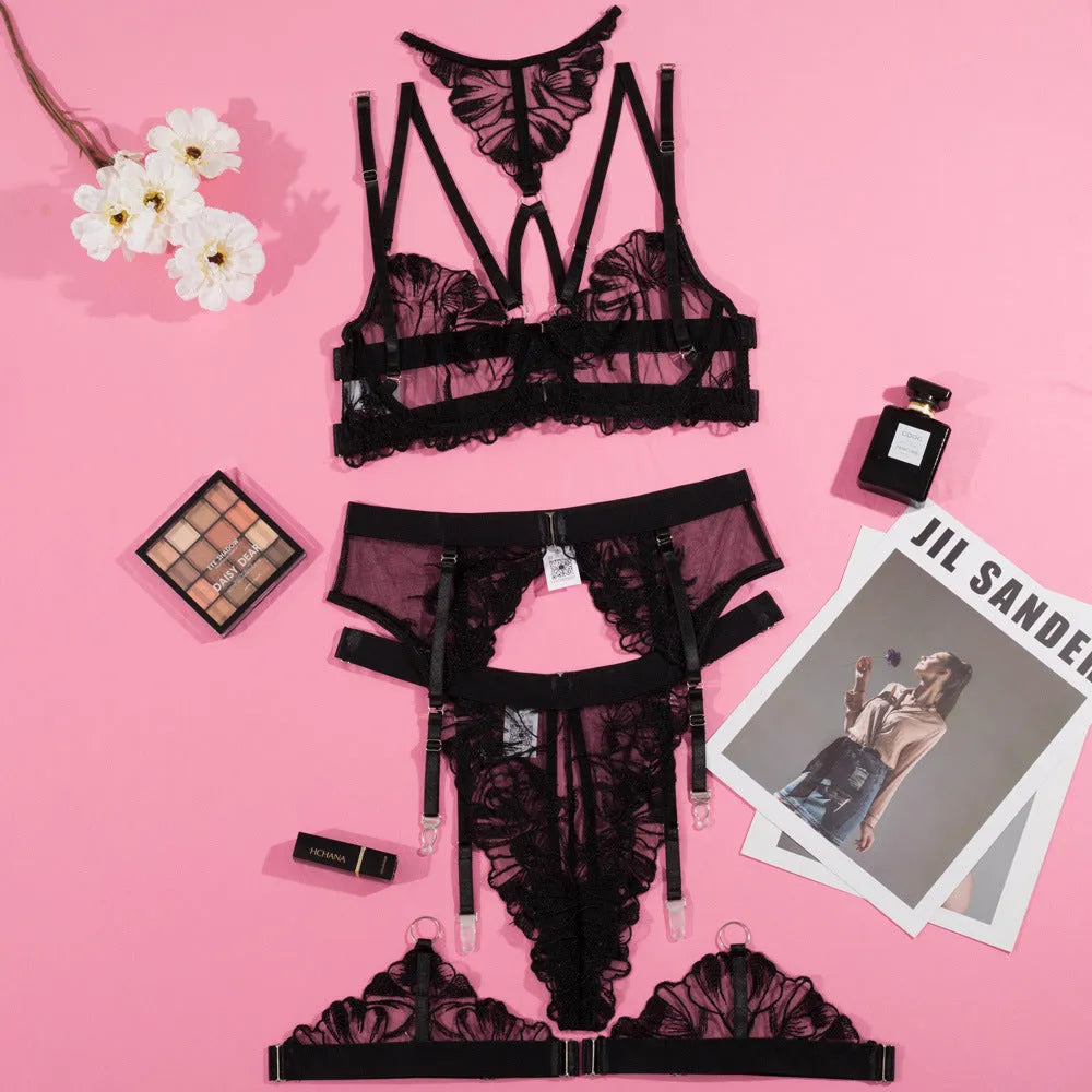 Black women's embroidery stitching mesh bra bikini set showing 3-point underwire construction detail