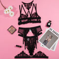 Black women's embroidery stitching mesh bra bikini set showing 3-point underwire construction detail