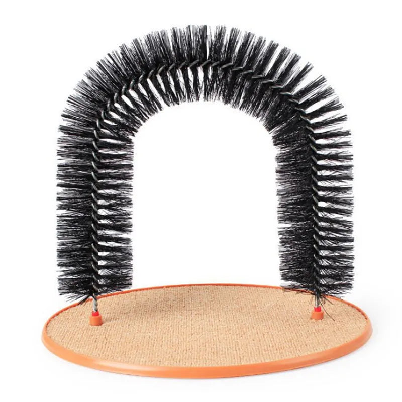 Arched cat grooming station with built-in brush bristles for scratching and coat maintenance