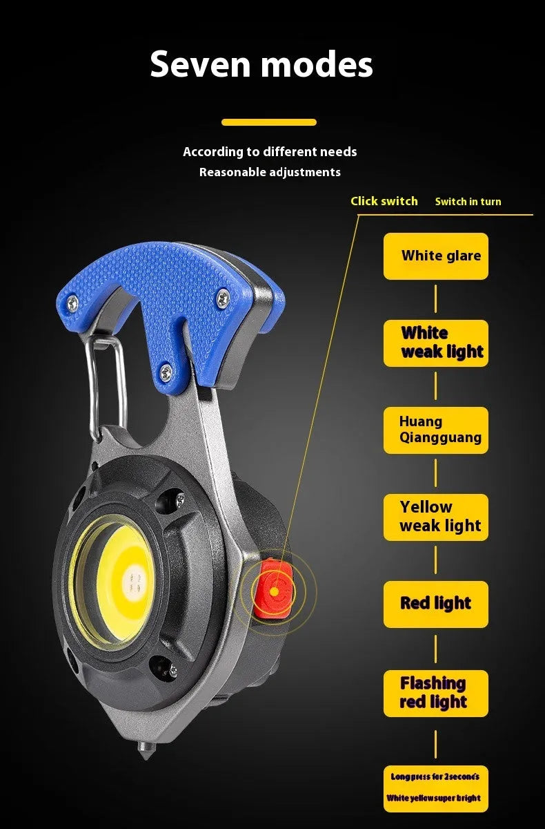 Multifunctional portable keychain light with window breaker and screwdriver, showing charging port and smart display.