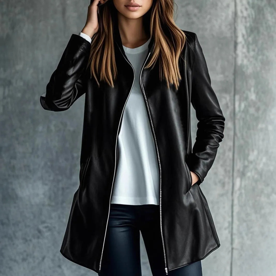 Women's solid black leather jacket with long sleeves, medium 65cm length, on a hanger.