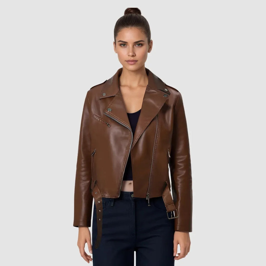 Women's black PU imitation leather motorcycle jacket with short lapel and waist belt