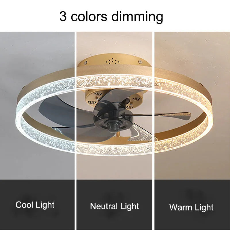 Nordic style remote control ceiling fan lamp with LED lights in a coffee gold finish.